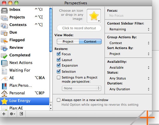 Low Energy perspective in Omnifocus Low Energy perspective in Omnifocus