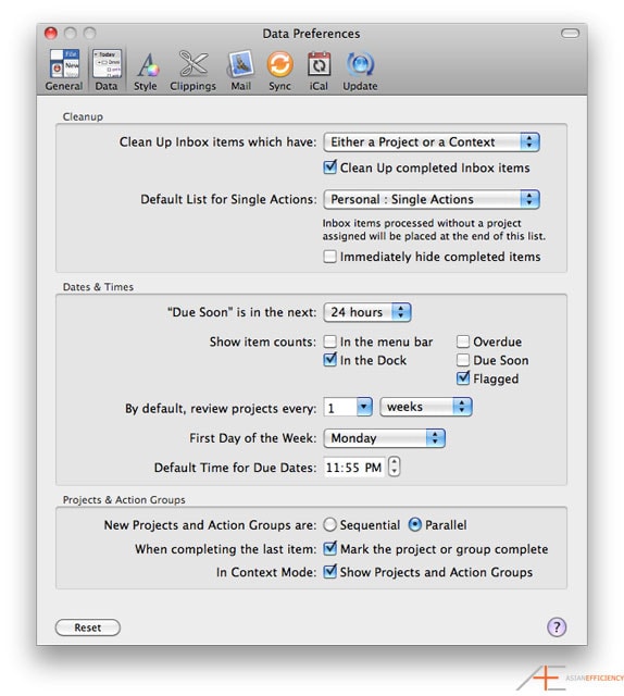 OmniFocus Preferences: Data OmniFocus Preferences: Data