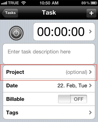 Create a new project in Toggle by pressing on the project field. Create a new project in Toggle by pressing on the project field.